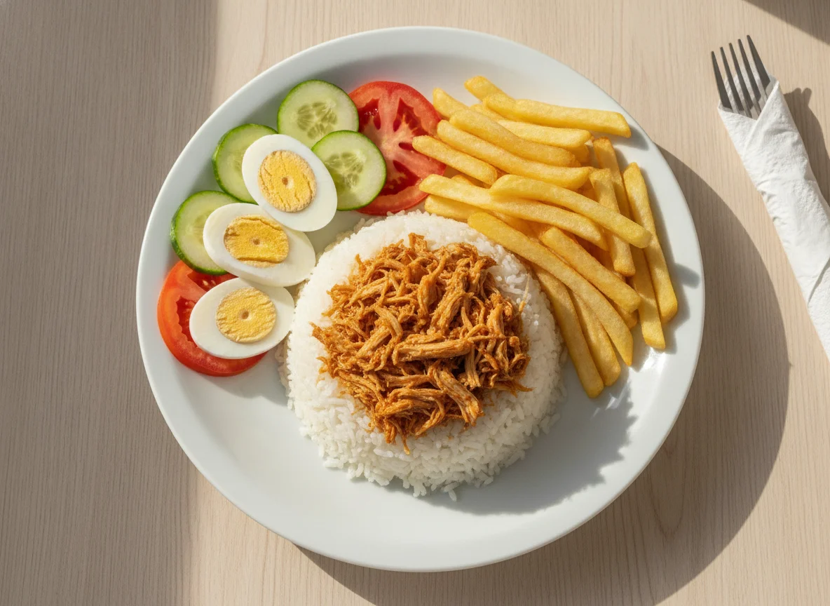 Arroz com frango desfiado, batata frita e salada photo