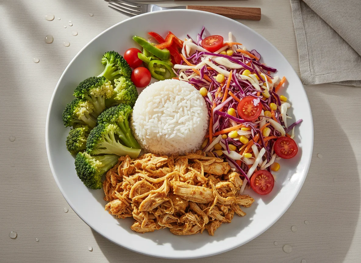Arroz com frango desfiado, brócolis e salada photo