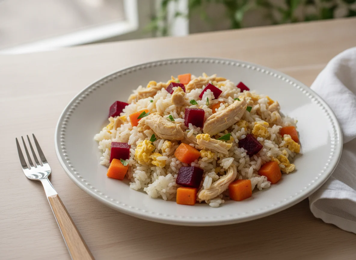 Arroz com frango desfiado, cenoura e beterraba photo