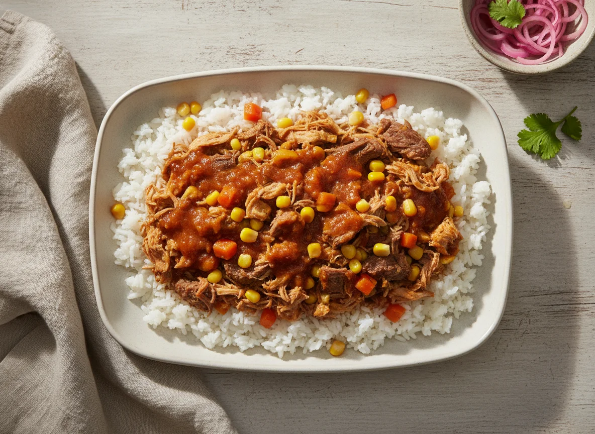 Arroz com frango desfiado e carne de panela photo