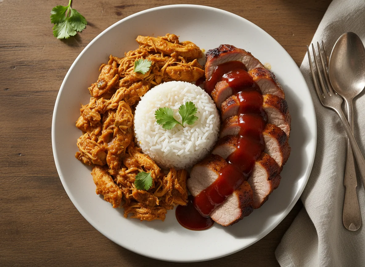 Arroz com frango desfiado e carne de porco photo