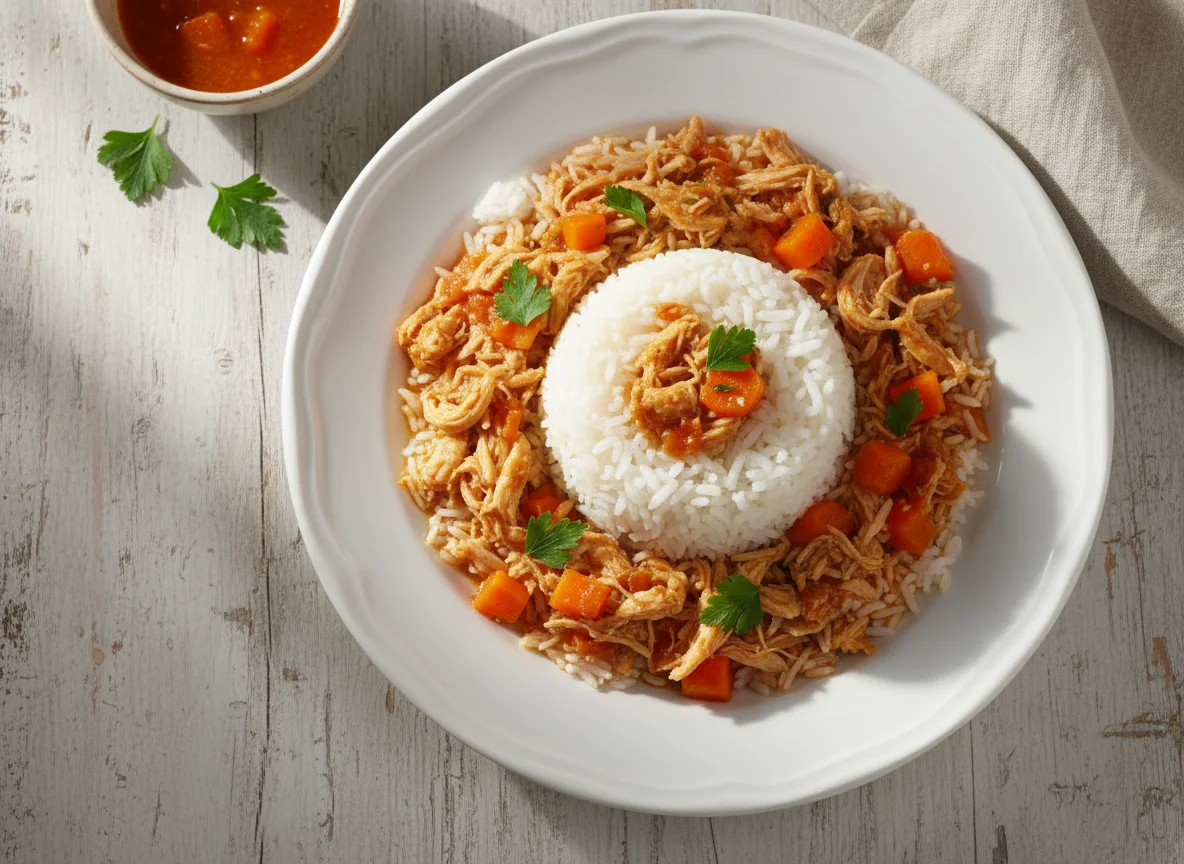 Arroz com frango desfiado e cenoura photo
