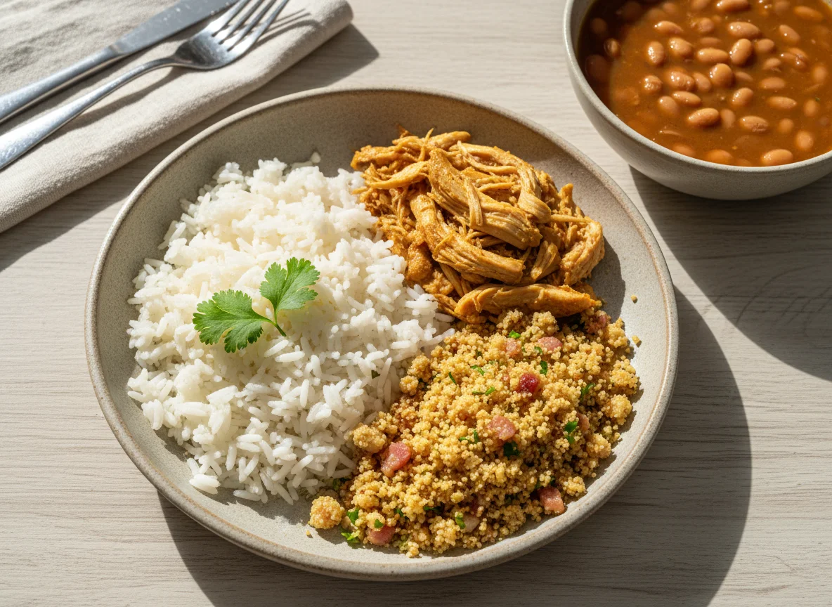 Arroz com frango desfiado e farofa photo