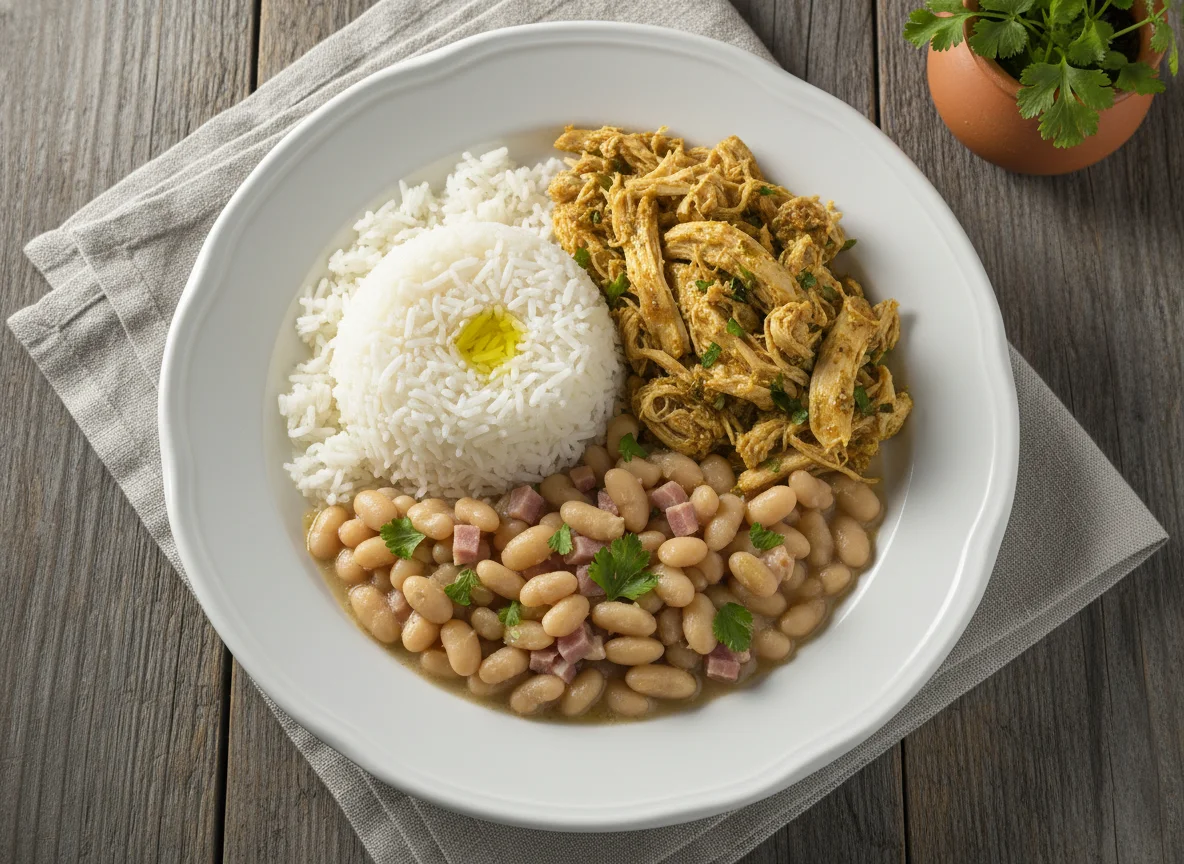 Arroz com frango desfiado e feijão branco photo