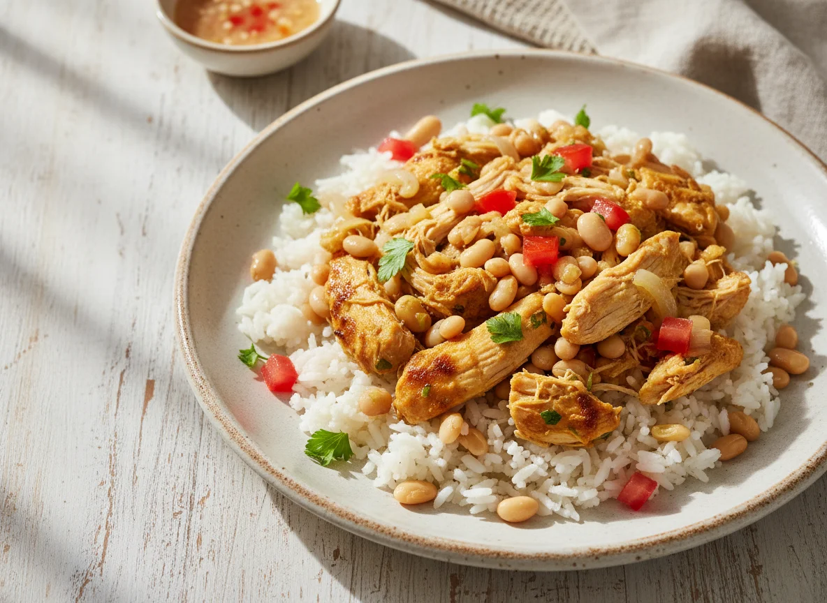 Arroz com frango desfiado e feijão fradinho photo