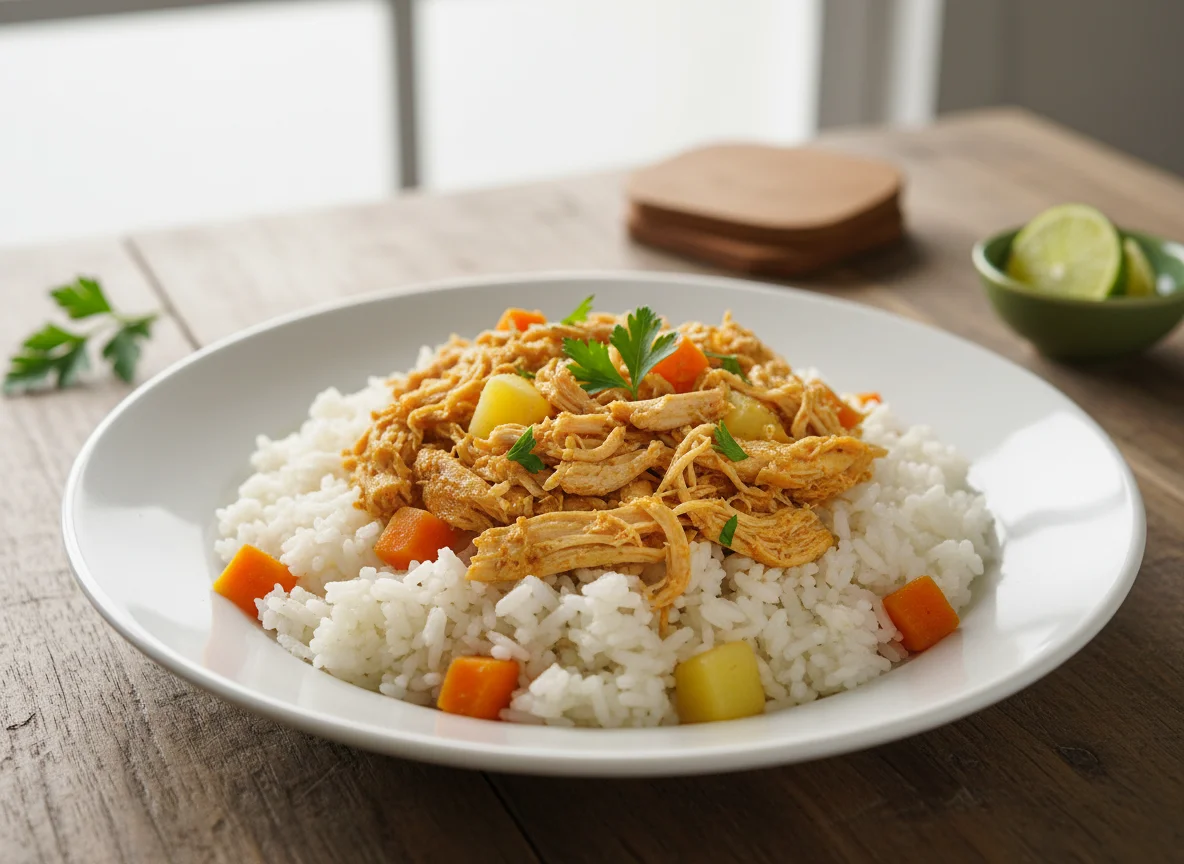 Arroz com frango desfiado e legumes photo