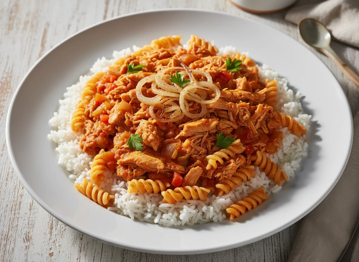 Arroz com frango desfiado e macarrão photo