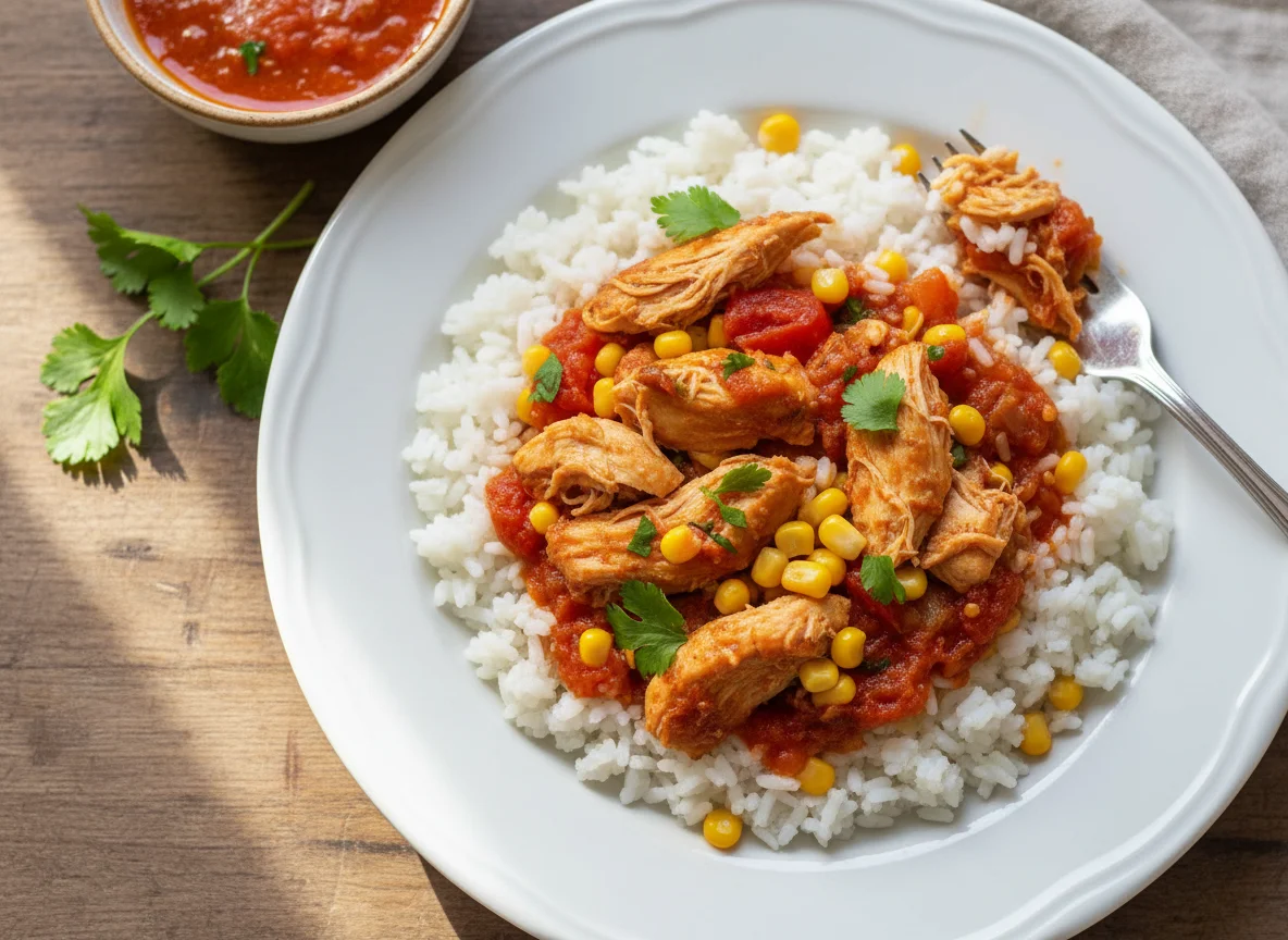 Arroz com frango desfiado e milho photo