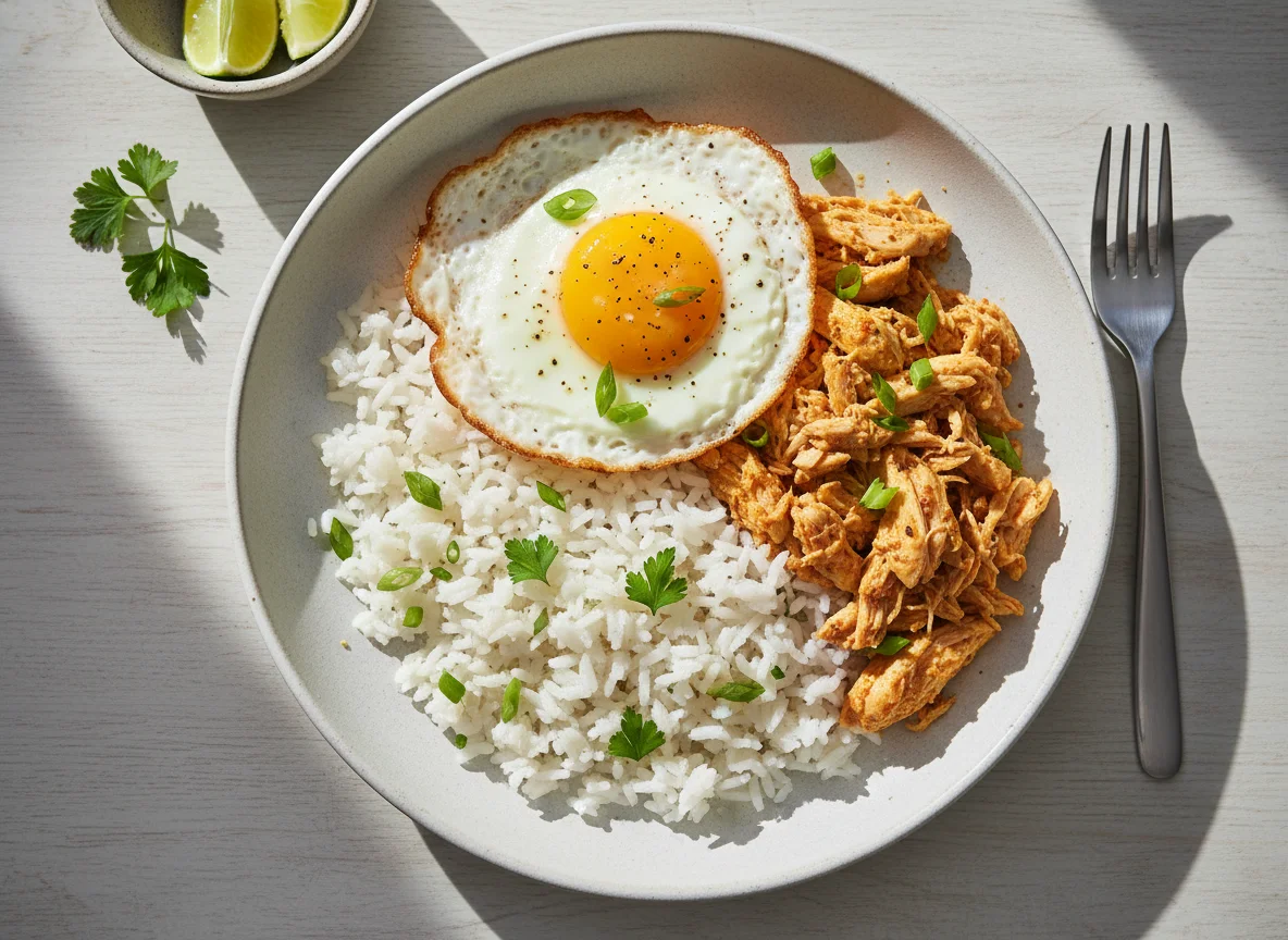 Arroz com frango desfiado e ovo frito photo