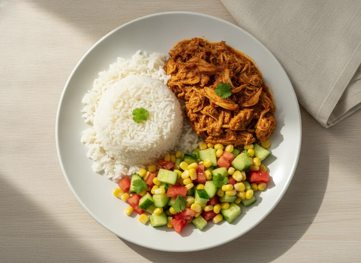 Arroz com frango desfiado e salada de pepino, milho e tomate photo