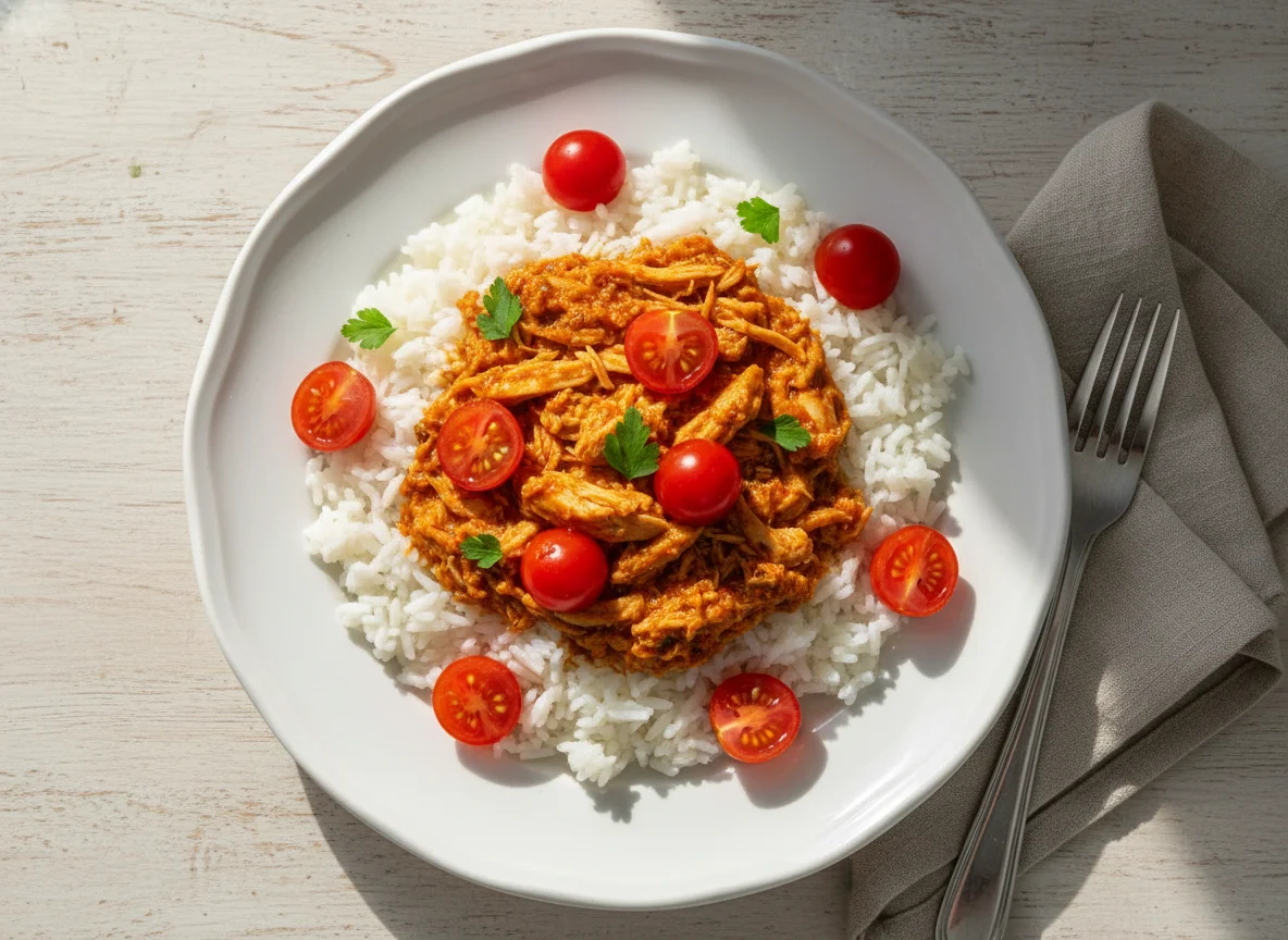 Arroz com frango desfiado e tomate cereja photo