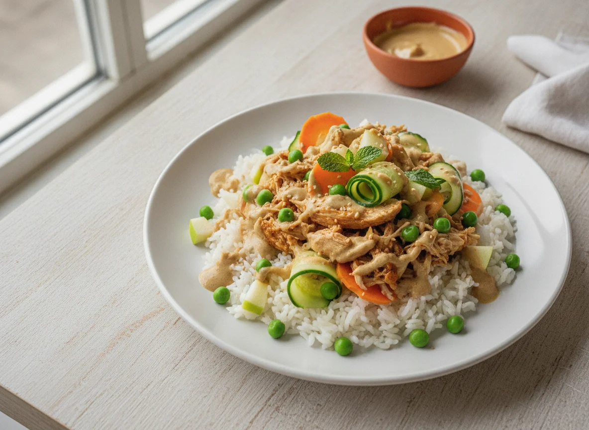 Arroz com frango desfiado, ervilhas e vegetais com tahine photo