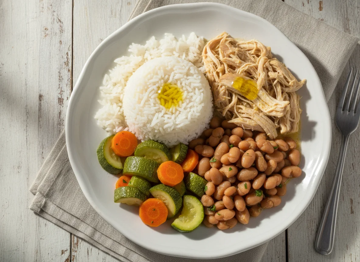 Arroz com frango desfiado, feijão e legumes photo