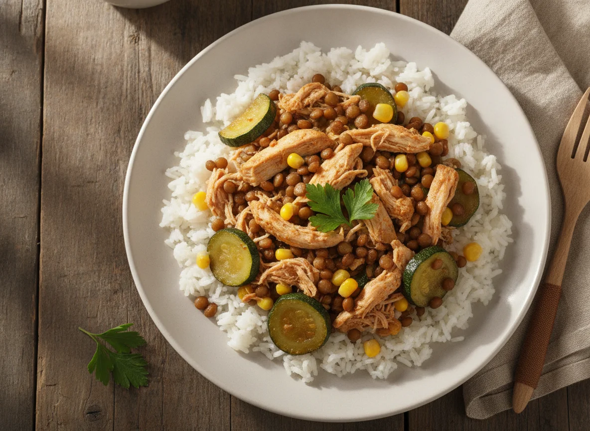 Arroz com frango desfiado, lentilha e abobrinha photo