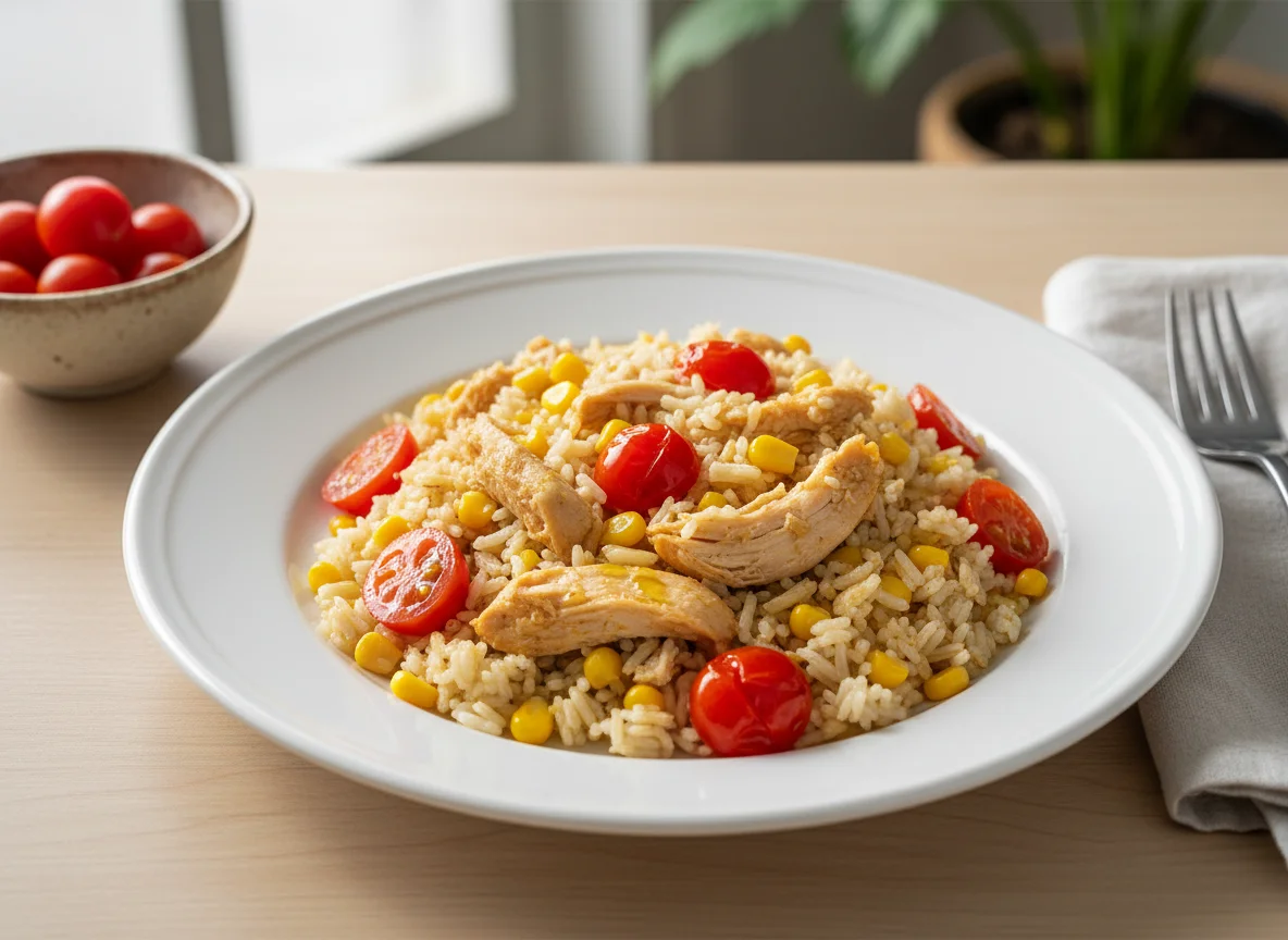 Arroz com frango desfiado, milho e tomate cereja photo