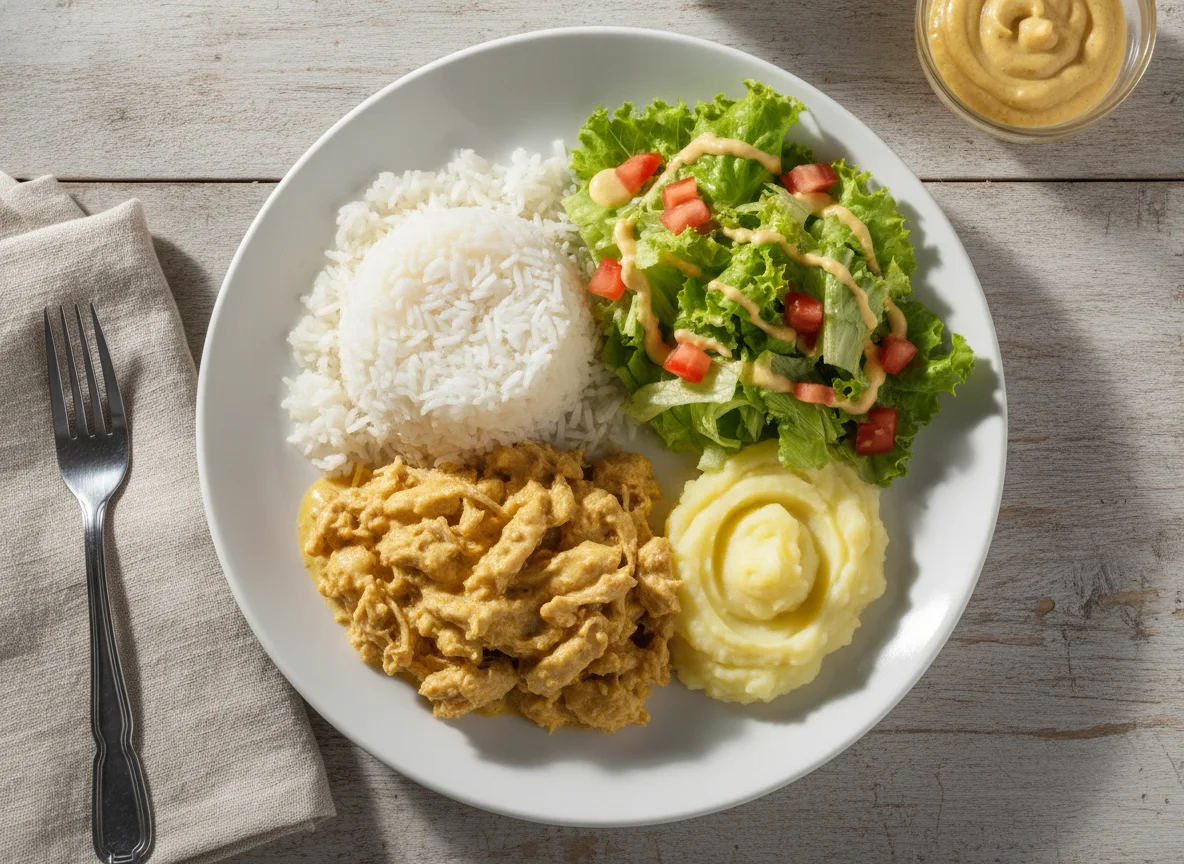 Arroz com frango desfiado, purê e salada photo