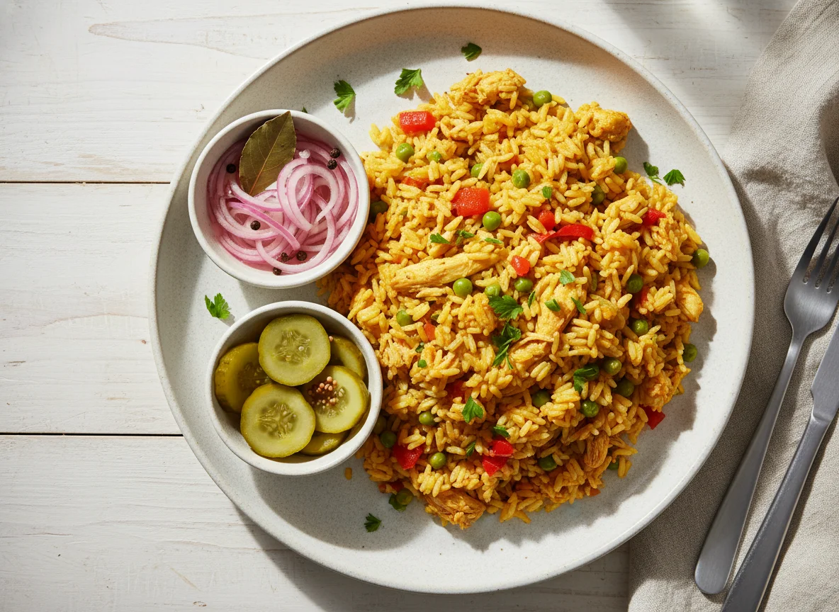 Arroz com frango e acompanhamentos photo