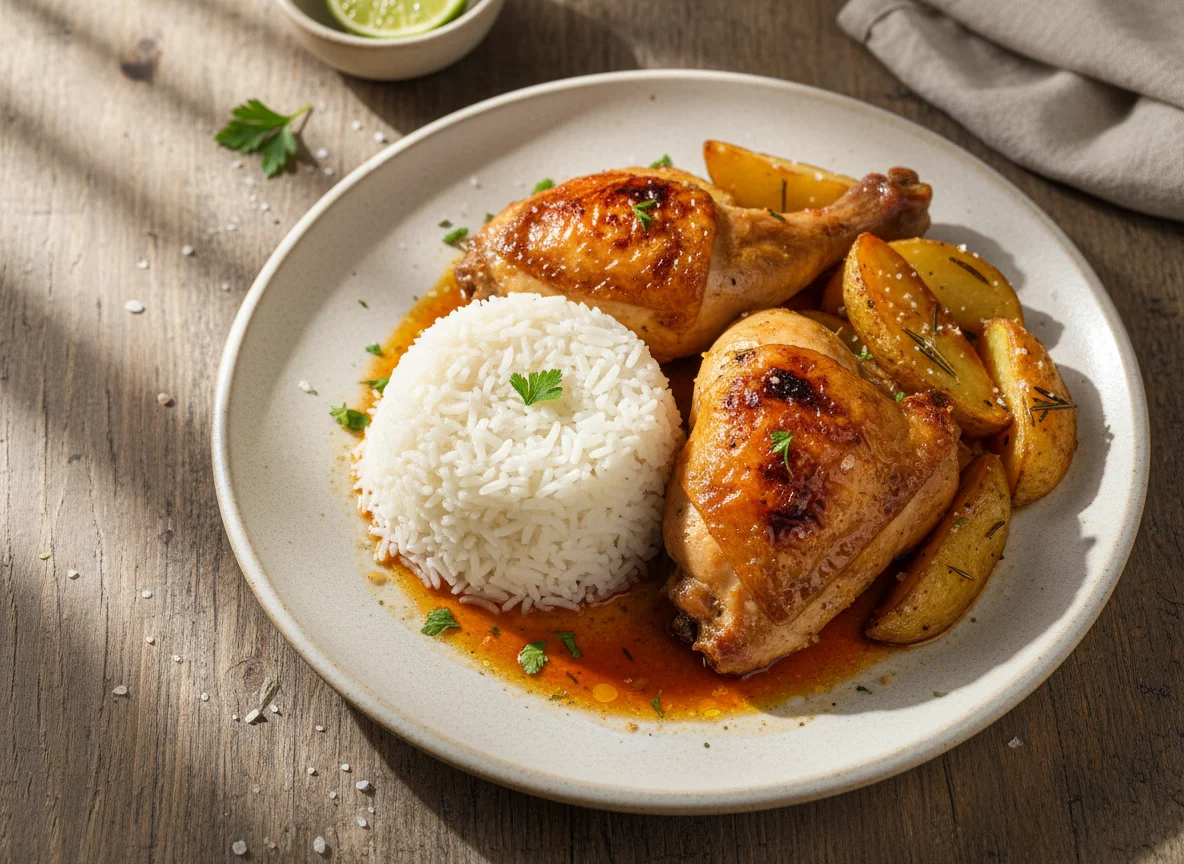 Arroz com frango e batata assada photo