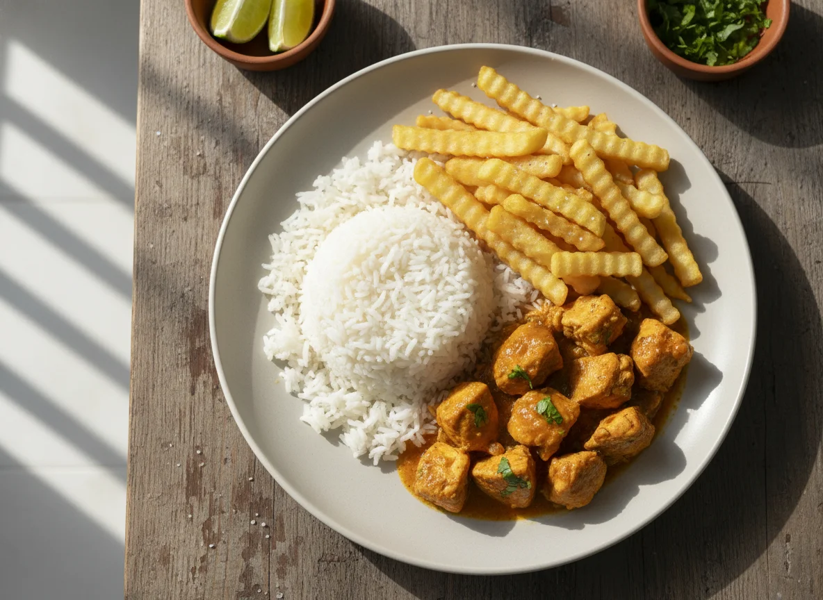 Arroz com frango e batata frita photo