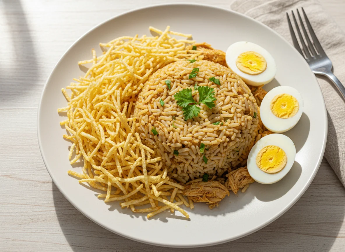 Arroz com frango e batata palha photo