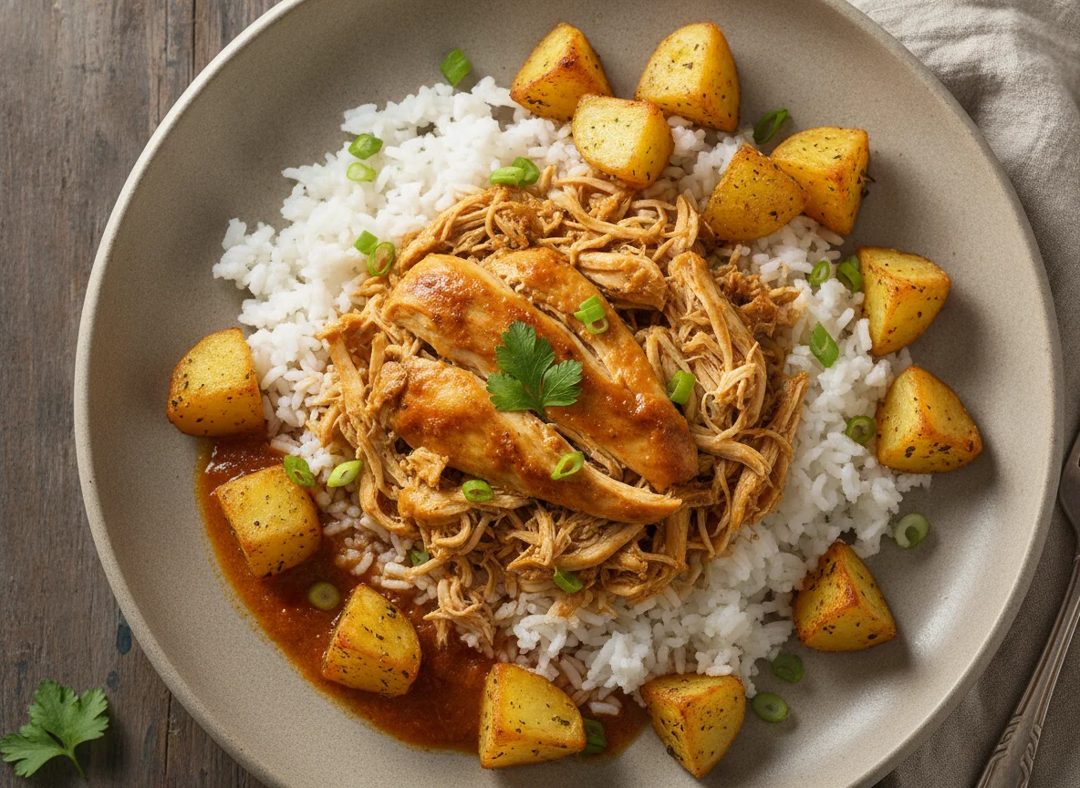 Arroz com frango e batatas assadas photo