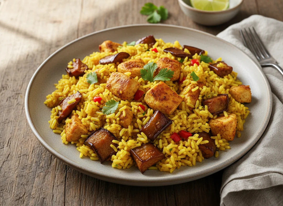 Arroz com frango e berinjela photo