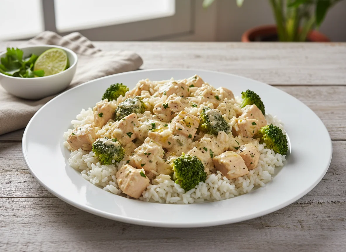 Arroz com frango e brócolis ao molho cremoso photo