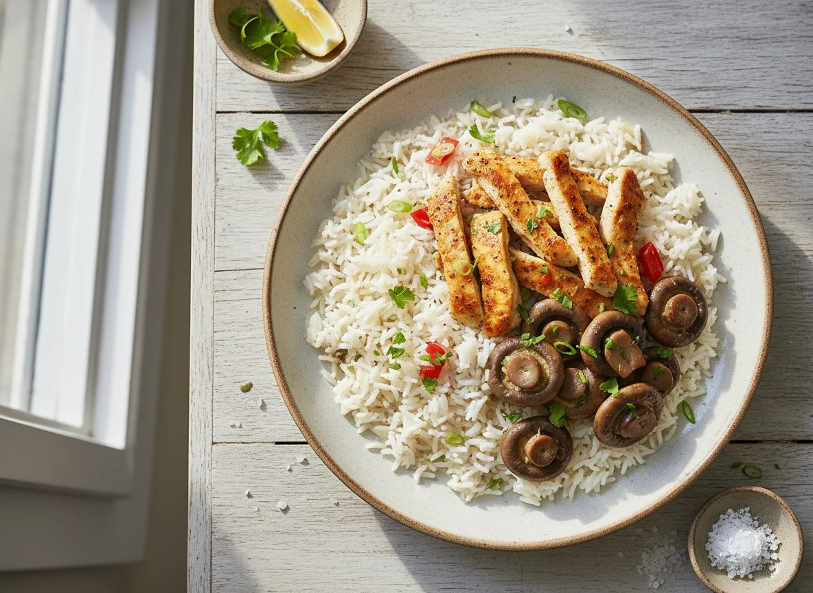 Arroz com frango e cogumelos photo