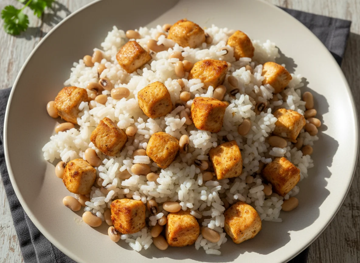Arroz com frango e feijão fradinho photo