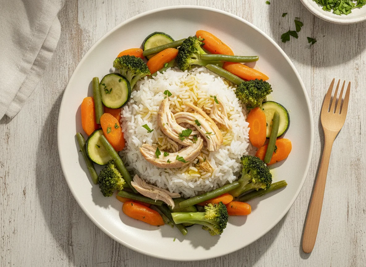 Arroz com frango e legumes cozidos photo