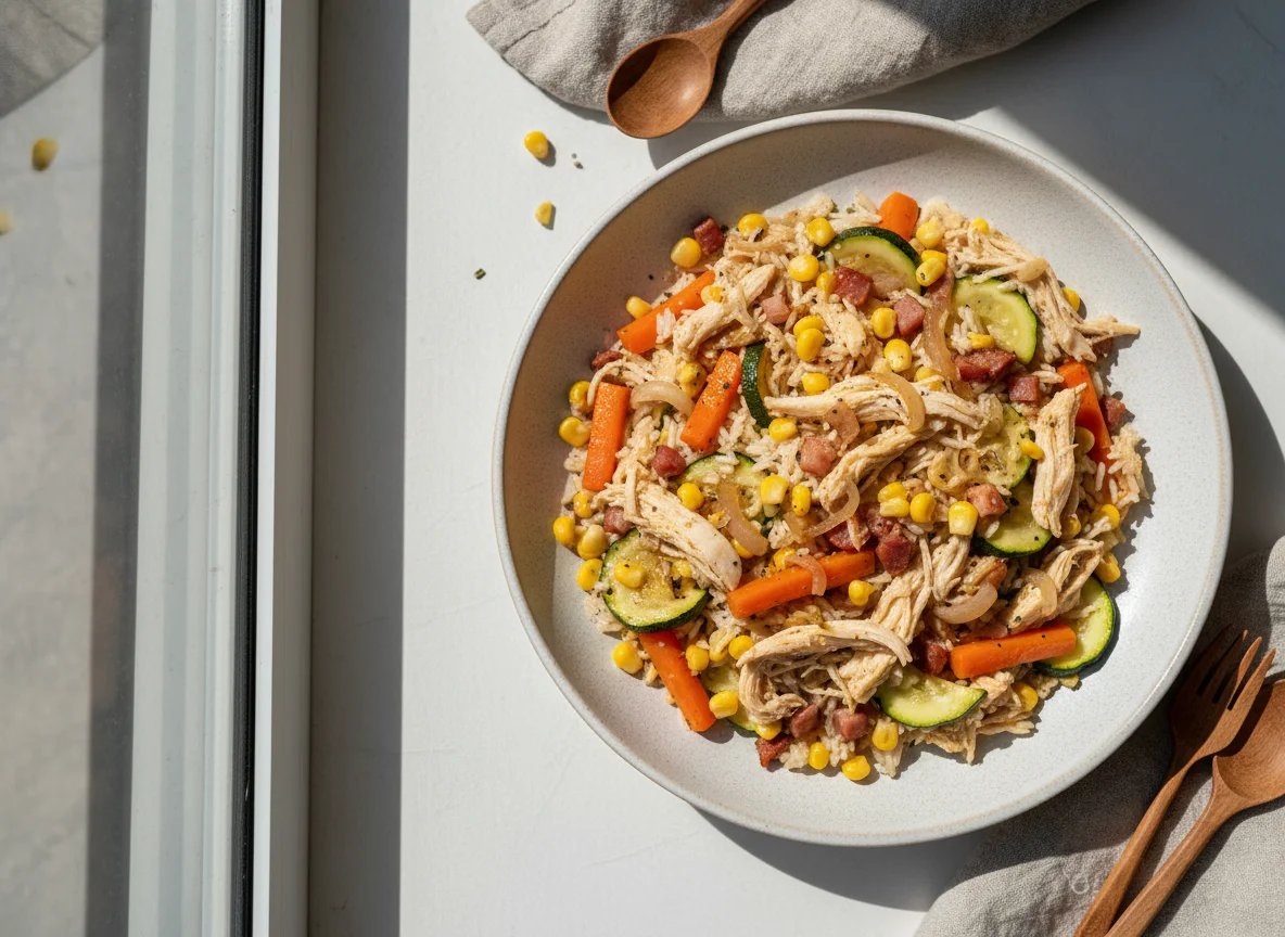 Arroz com frango e legumes salteados photo