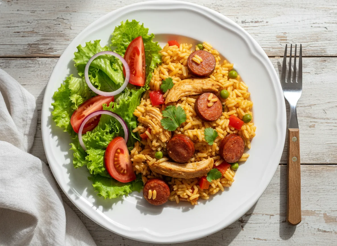Arroz com frango e linguiça e salada photo