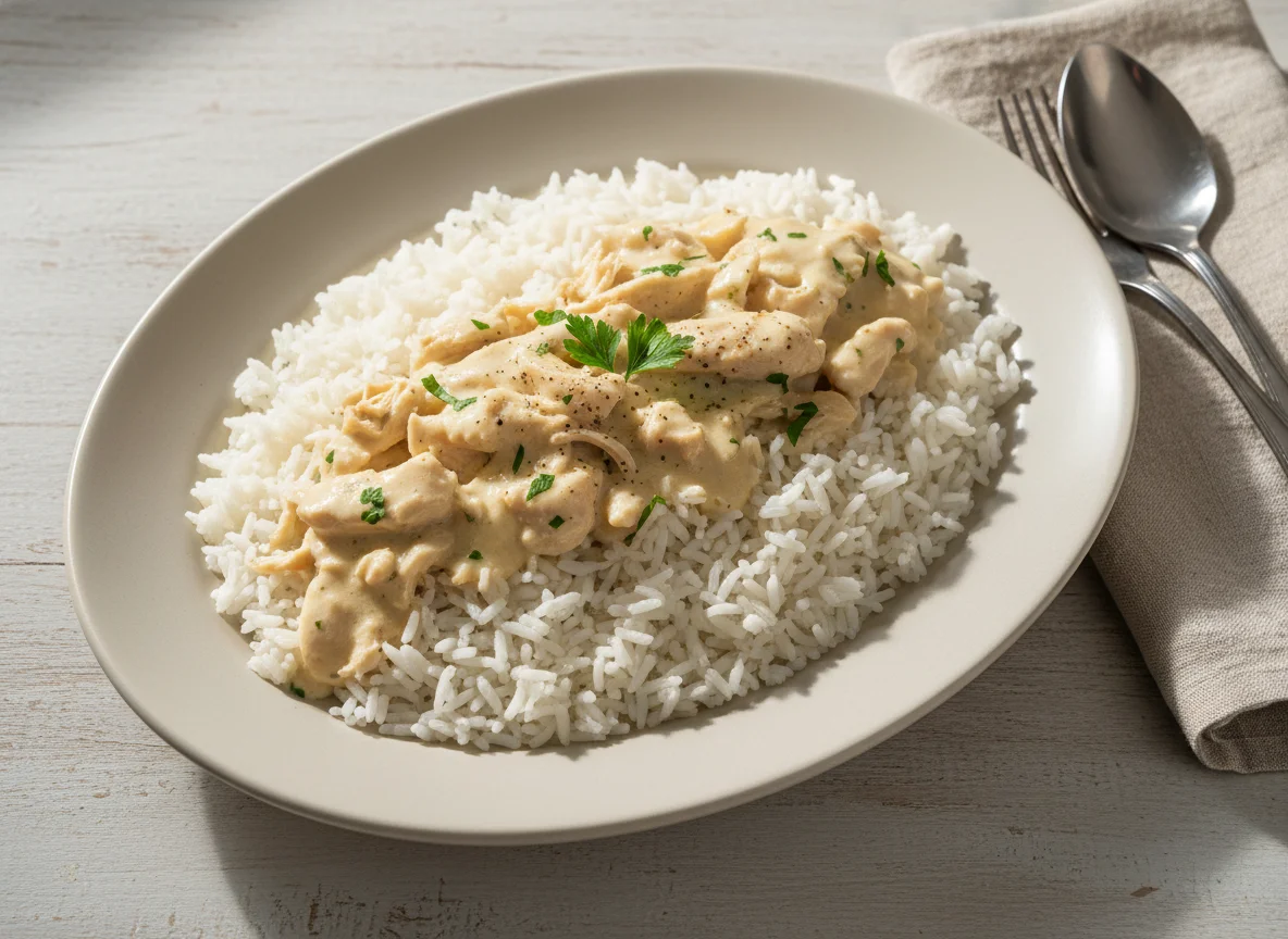 Arroz com frango e molho branco photo