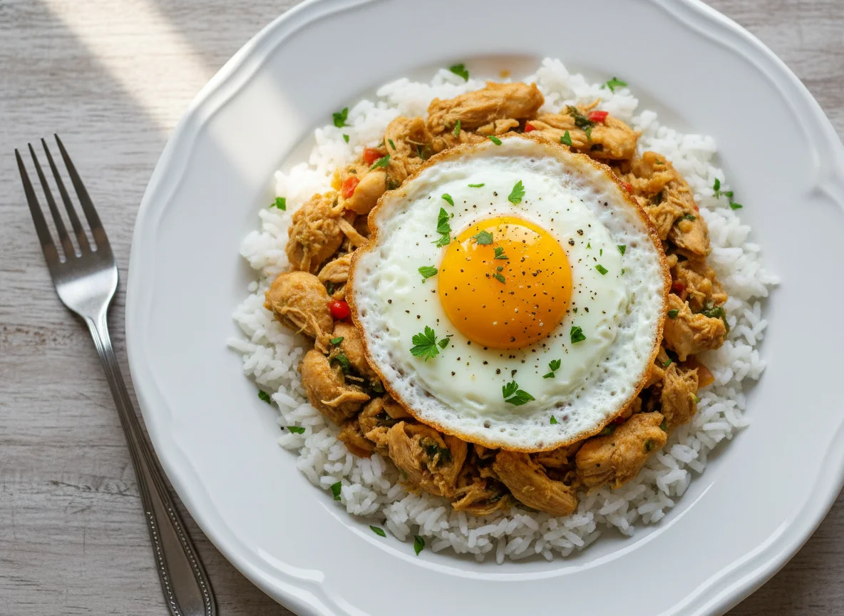 Arroz com frango e ovo estrelado photo