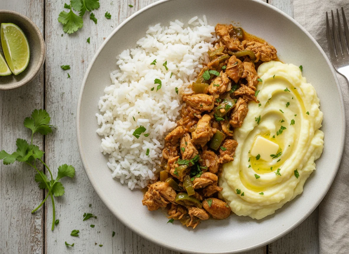 Arroz com frango e purê de batata photo