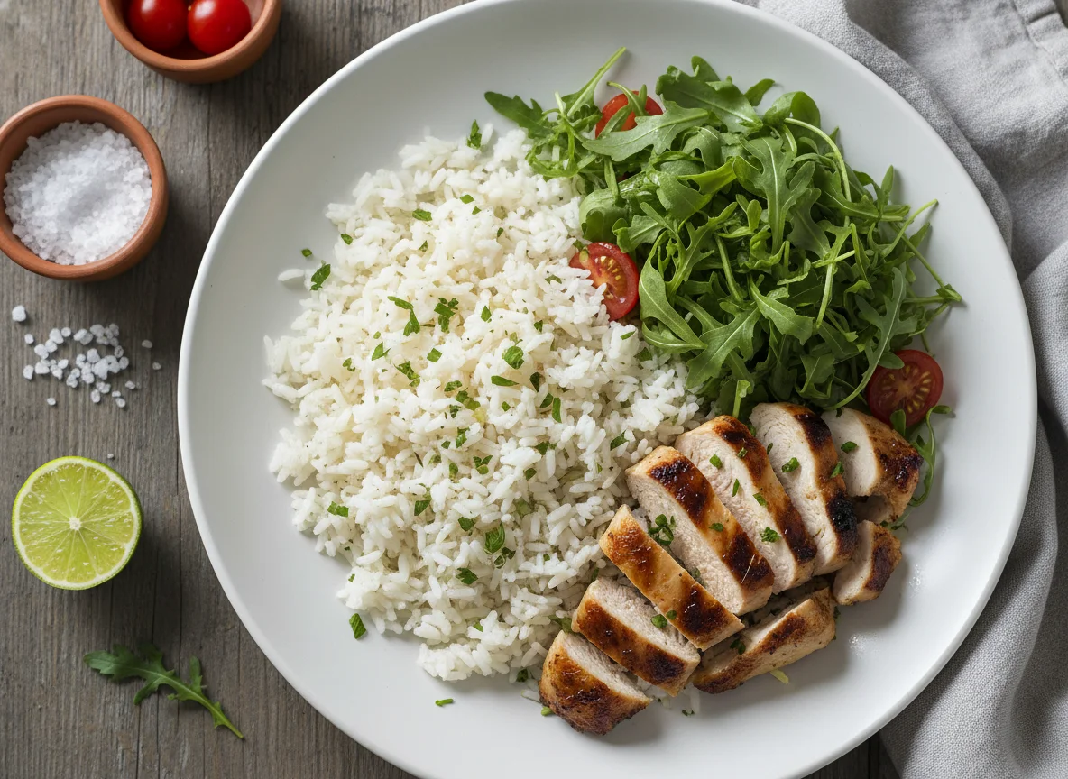 Arroz com frango e rúcula photo