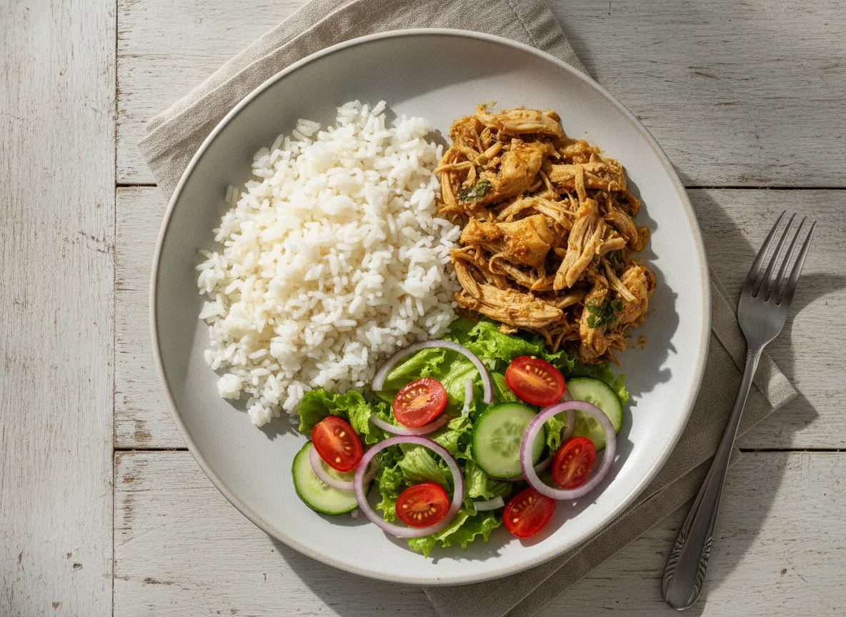 Arroz com frango e salada mista photo