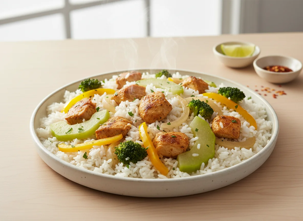 Arroz com frango e vegetais photo