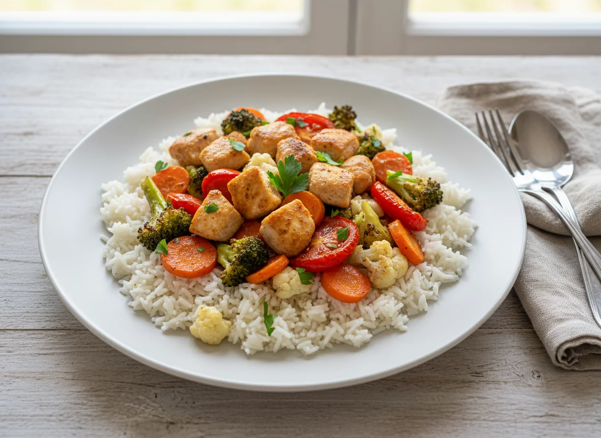 Arroz com frango e vegetais assados photo