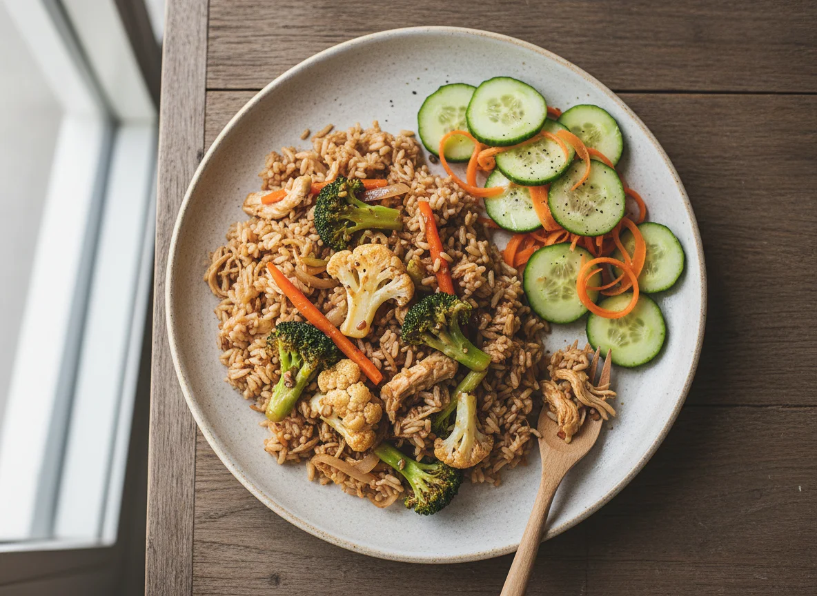 Arroz com frango e vegetais salteados e salada photo