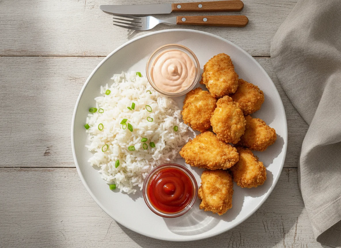 Arroz com frango empanado e molhos photo