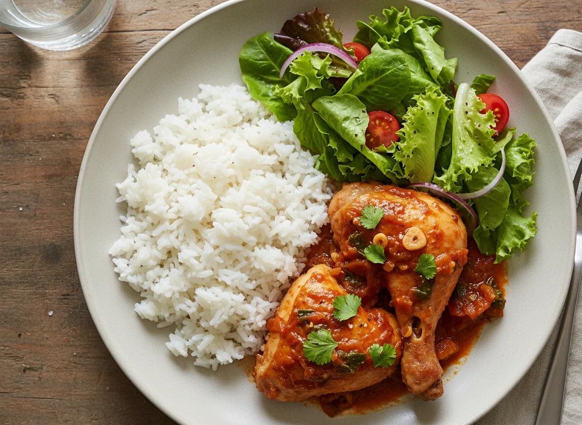 Arroz com frango ensopado e salada de alface photo