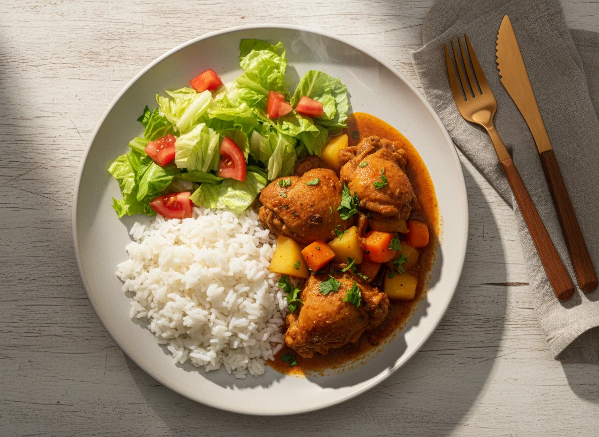 Arroz com frango ensopado e salada photo