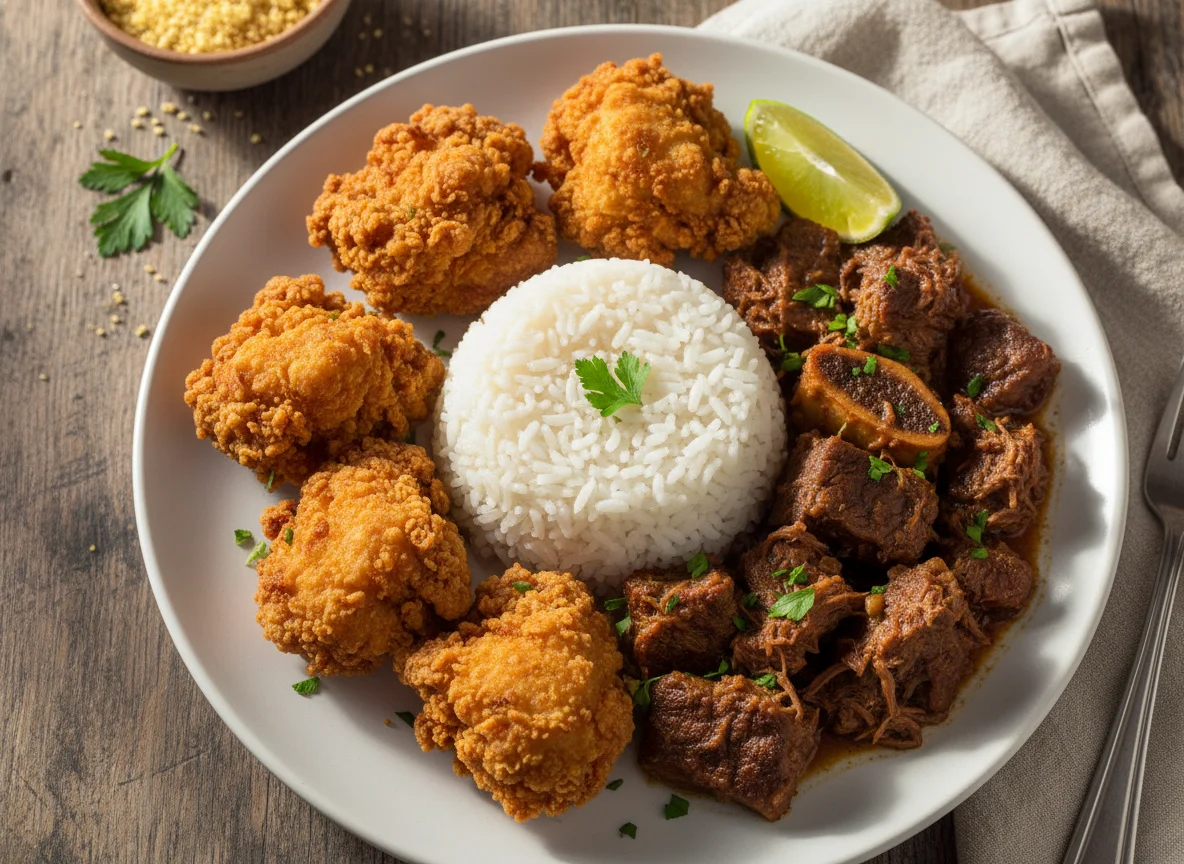 Arroz com frango frito e carne cozida photo