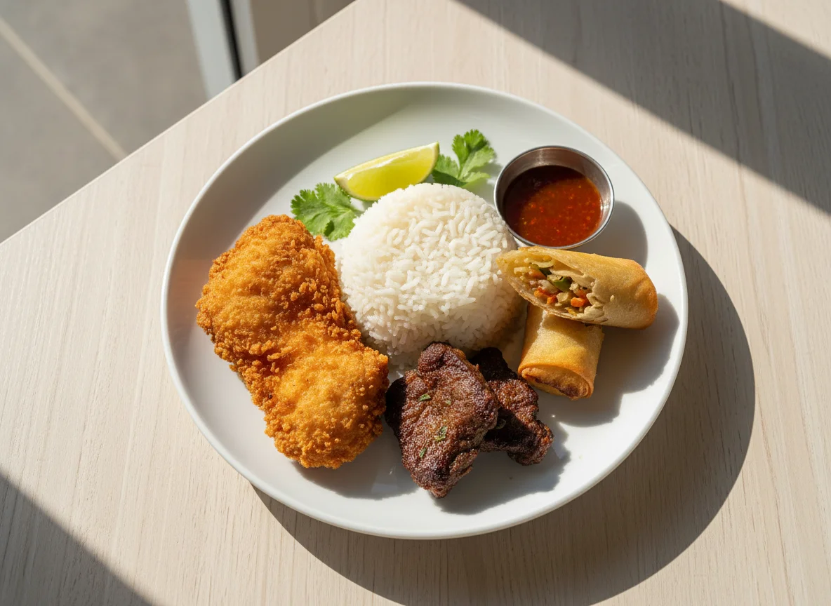 Arroz com Frango Frito e Rolinho Primavera photo