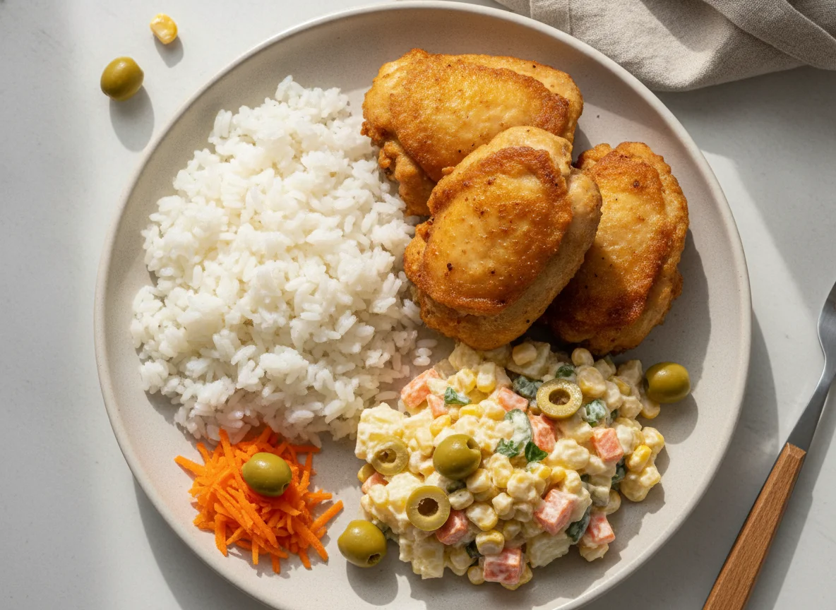 Arroz com frango frito e salada de maionese photo