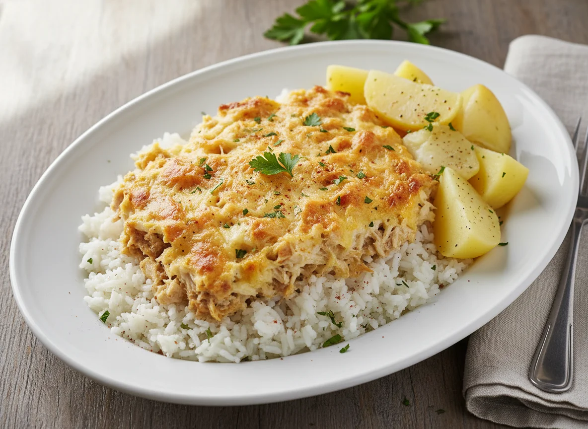 Arroz com frango gratinado e batata photo