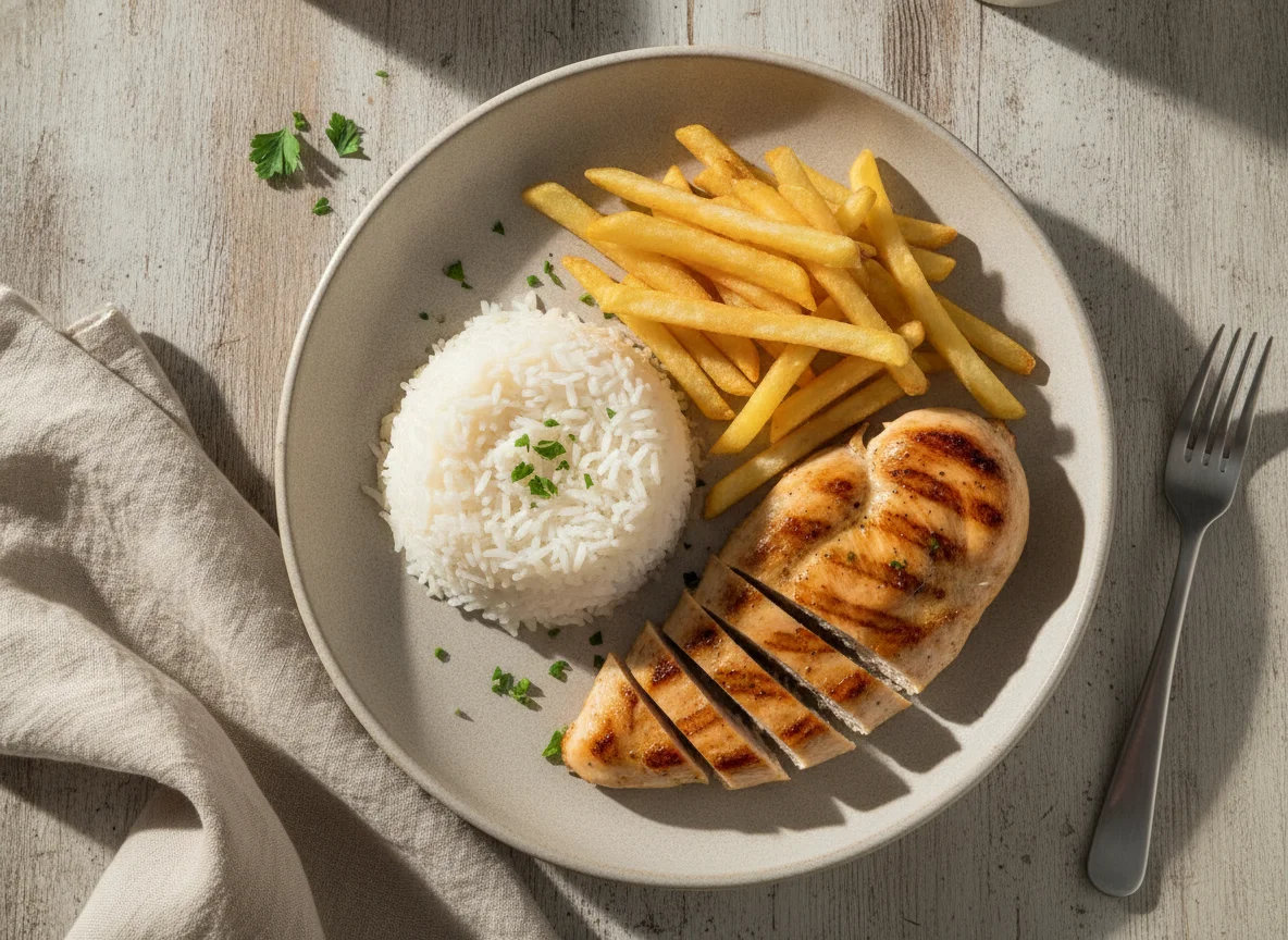 Arroz com frango grelhado e batata frita photo