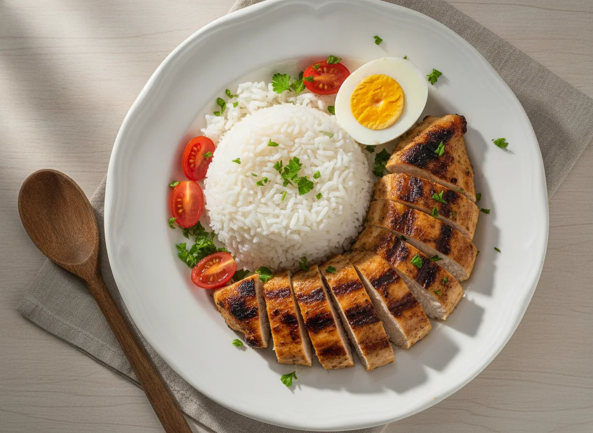 Arroz com frango grelhado e ovo cozido photo