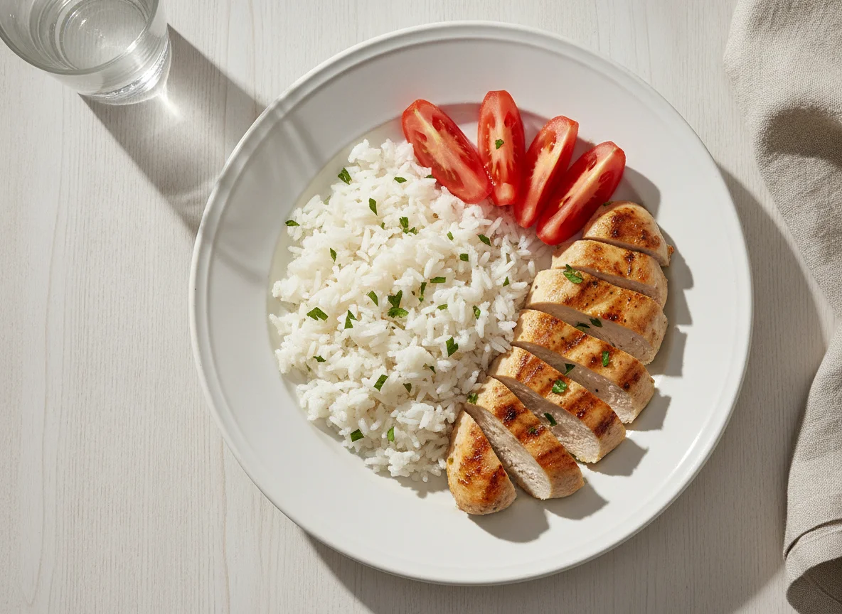 Arroz com frango grelhado e tomate photo